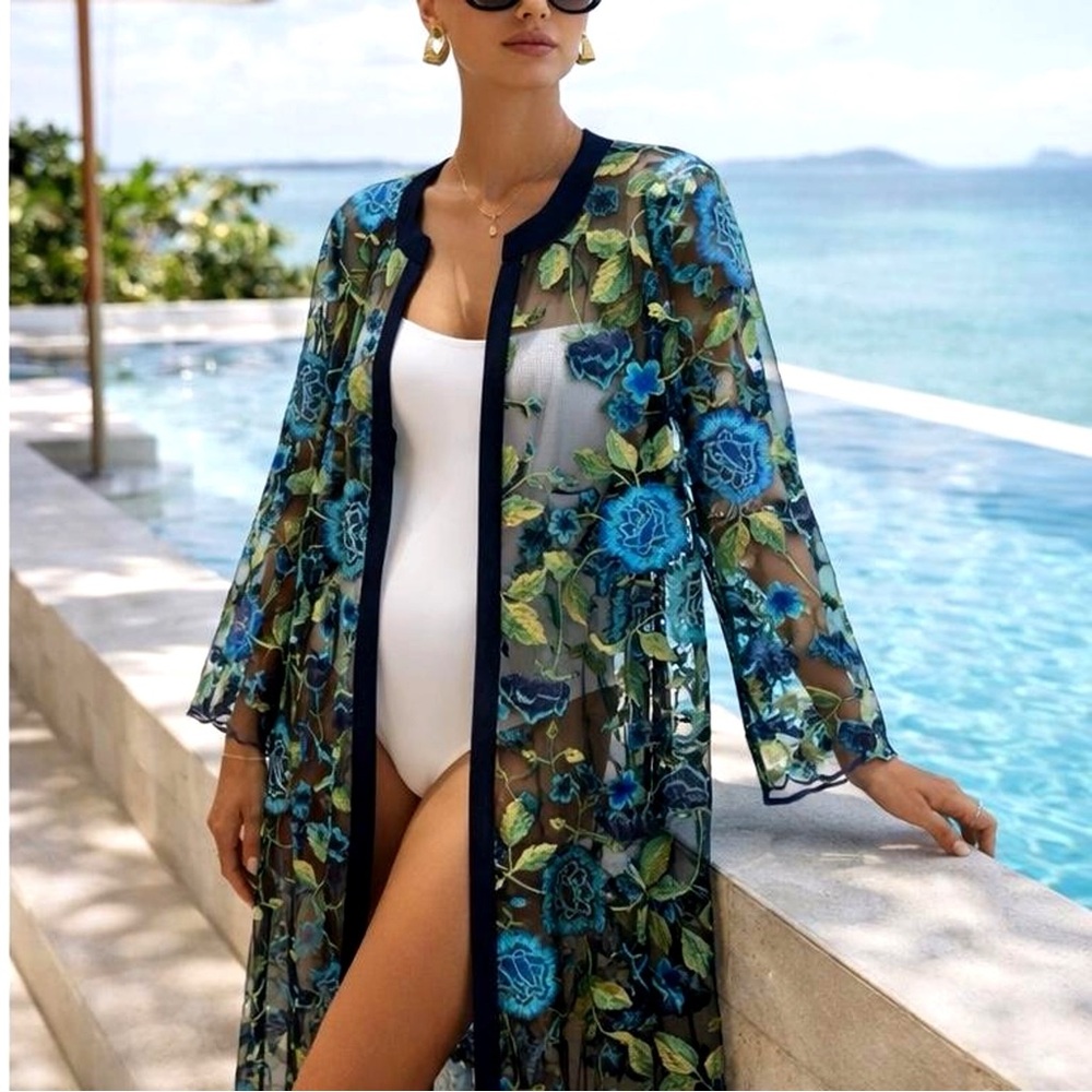 Mermaidcore Floral Embroidered Sheer Mesh Kimono Resort Duster Festival XXL